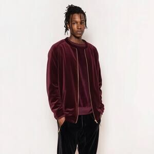 KITH x Bergdorf Goodman Men's Full Zip Liddi Velour Baseball Jersey Brugundy - M